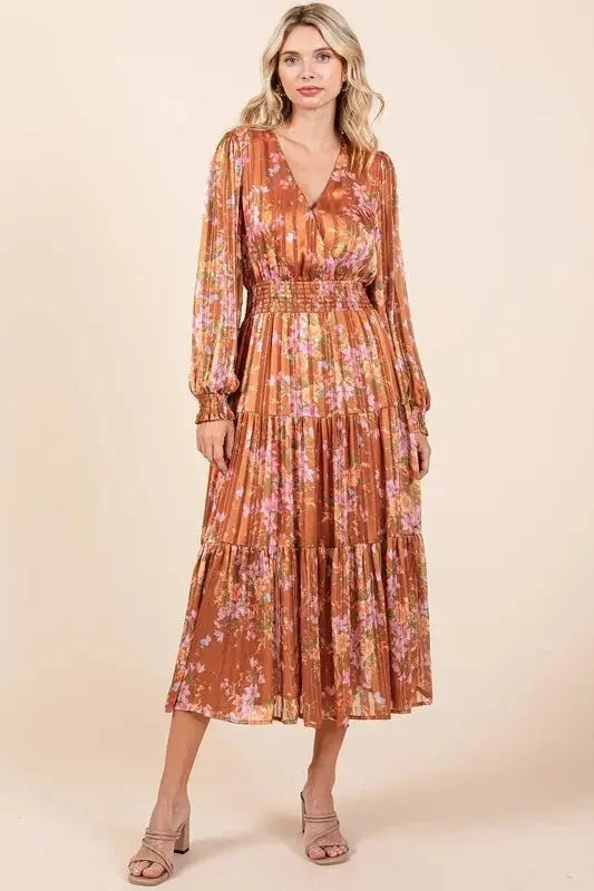 Mittoshop Flower Print Satin Lurex Stripe Smocked Midi Dress - Love Salve